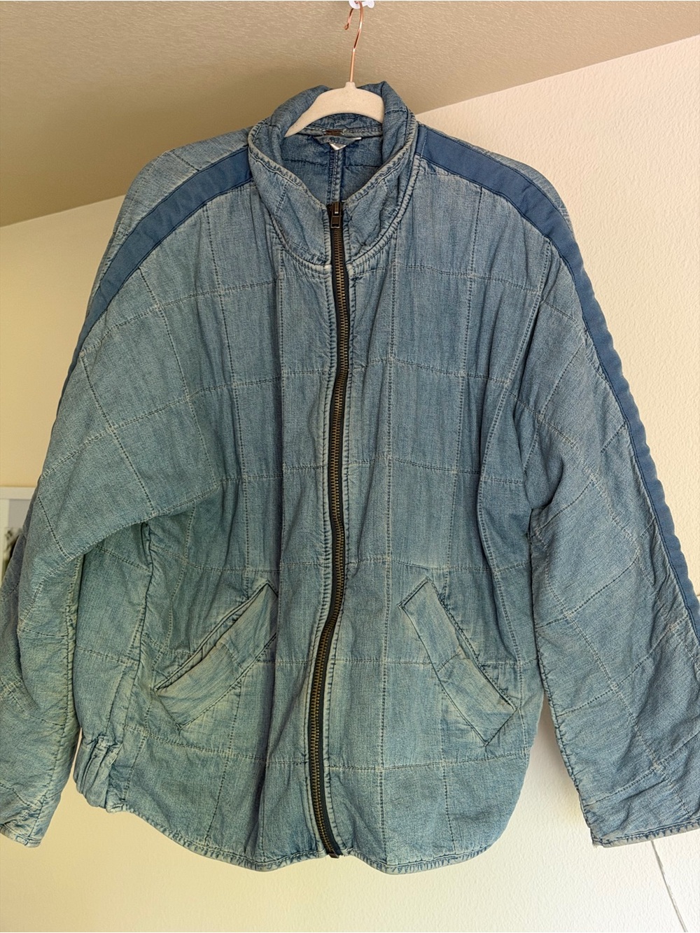 Free People Light Blue Quilted Denim Puffer Jacket